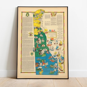 Carte picturale colorée du Delaware 1937| Impression d’art mural de vieille carte| Impression d’art encadrée| toile murale de carte vintage| Impression murale| Impression d'affiche