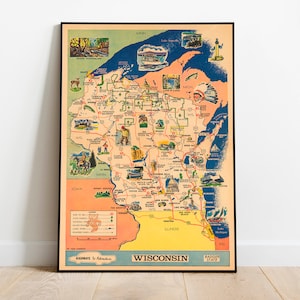Landkarte von Wisconsin| Wisconsin Vintage Maps Wanddekor | Leinwand Wandkunst Gerahmte Wandbilder | Ziehbare Landkarte
