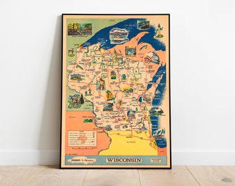 Pictorial Map of Wisconsin| Wisconsin Vintage Maps Wall Decor| Canvas Prints Wall Art| Framed Wall Prints| Pull Down Map