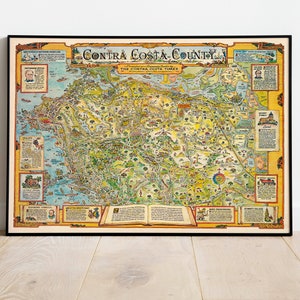 Mapa pictórico del condado de Contra Costa/ Impresión de póster/ Impresión de arte enmarcado o impresión en lienzo/ Decoración de pared de mapa antiguo/ Decoración de pared impresa
