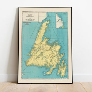 Carte murale de Terre-Neuve| affiche de carte vintage| Impression de carte vintage de Terre-Neuve| Art mural en toile| Impression d’art mural de cartes du Canada| Carte déroulante