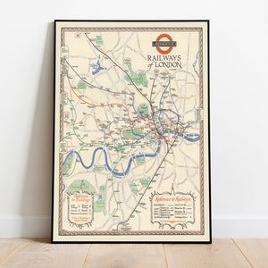 Untergrundbahnen von London Karte Drucken von 1928| Vintage Transport Map Prints | Leinwand Wand Kunst | Gerahmte Kunstdrucke für Wand Dekor