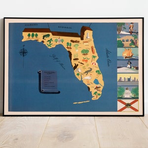 Historische kaart van Florida| 1938 Florida kaart muur print| Canvas kunst aan de muur| Vintage-poster| Ingelijste kunstdruk| Poster afdrukken