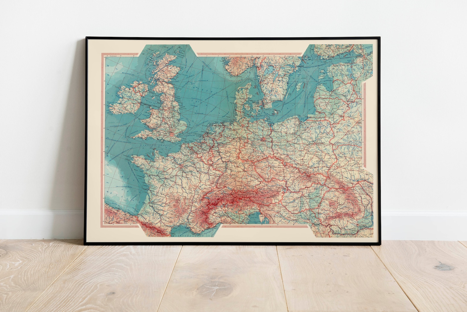 Geographical Map of Western Europe Map Wall Decor Vintage Etsy