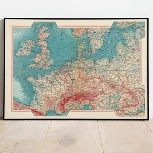 Geographische Karte von Westeuropa| Karte Wanddeko | Vintage Karte Wandkunst| Posterdruck | Karte Wandbild | Gerahmter Kunstdruck| Leinwanddruck Karte