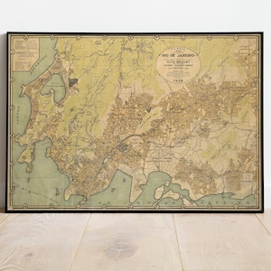 Impresión de pared del mapa de Río de Janeiro/ Decoración de la pared del mapa enmarcado/ Impresión de arte del mapa de Río de Janeiro de 1929 / Impresión de póster / Arte de la pared del lienzo / Cartel del arte de la pared del mapa