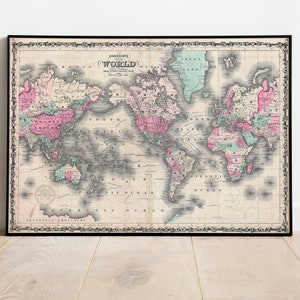 Impresión de pared del mapa mundial/ Mapa mundial de 1862 / Impresión de póster / Arte de pared con impresión de lienzo / Póster de arte de pared de mapa antiguo / Decoración de pared de mapa enmarcado