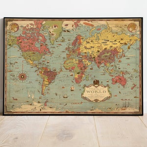 Weltkarte Wandbild | 1931 Weltkarte| Posterdruck | Leinwandbild Wandkunst| Alte Karte Wand Kunst Poster | Gerahmte Landkarte als Wanddeko