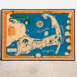 Dekorative Landkarte von Cape Cod| Vintage Karte | Cape Cod Wandkunst| Auf Leinwand gewickelt Wandkunst | Drucke Wanddekor | Wandbilder gerahmt