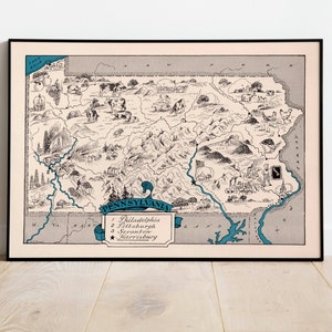 Vintage Karte von Pennsylvania | Kunst auf Leinwand | Alte Landkarte Wandbilder| Pull Down Karte| Pennsylvania Karte Poster für Wand-Dekor