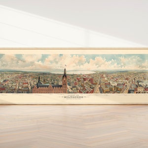 Panoramische Ansicht von Milwaukee 1898| Kunst Leinwand für Wanddekor | Panoramakarte Wandkunst | Großdruck Wand Dekor| Vintage Wandbild