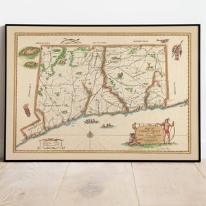 Karte von Konnecticut| Alte Landkarte Wandbilder| Kunst Leinwand Wand-Dekor | Vintage Karte Wandkunst| Posterdruck | Gerahmte Wandkunst| Pull Down Map