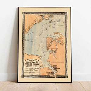 Hampton Roads-kaart afdrukken| Kunstgeschiedenis| Norfolk Harbor kaart kunst aan de muur| Ingelijste muurkunst| Canvaskunst| Posterkunst| Afdrukken aan de muur | Kaart muurafdrukken