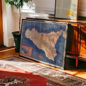 Póster enmarcado con mapa de Sicilia y la región mediterránea de 1939, impresión artística para pared, impresión artística, decoración de pared