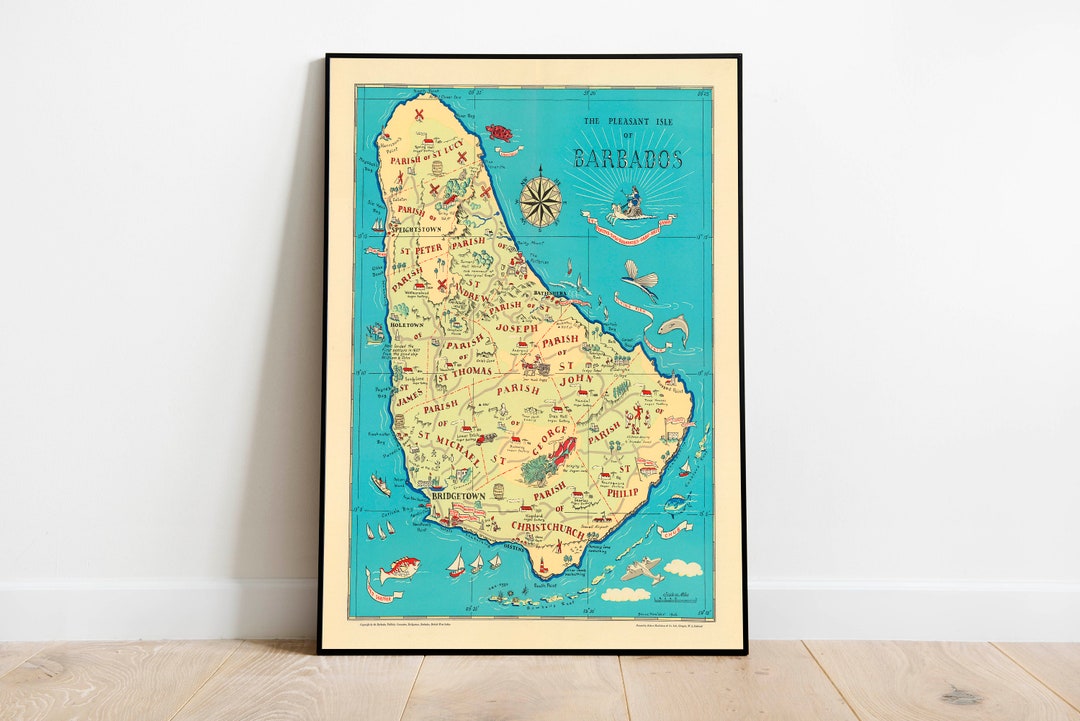 Barbados Map Print Art History 1946 Barbados Map Wall Art Framed Wall