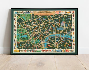 Picture Map of London with Street Plan of Central London| London Map Wall Art| London Map Wall Print| Vintage Poster London