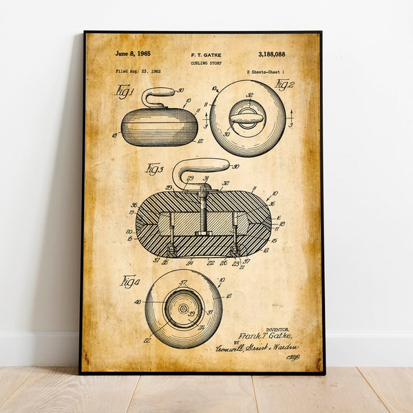 Curling Stone Patent Print | Gerahmter Kunstdruck| Vintage Poster Wanddeko | Kunst Leinwand| Wandposter| Wandbilder| Wandbilder