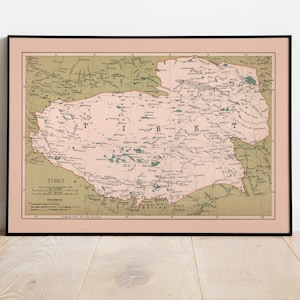 1908 Cartel del mapa del Tíbet/ Impresión de pared del mapa del Tíbet vintage / Arte de la pared del lienzo del Tíbet / Decoración de la pared del Tíbet del mapa antiguo / Mapa desplegable