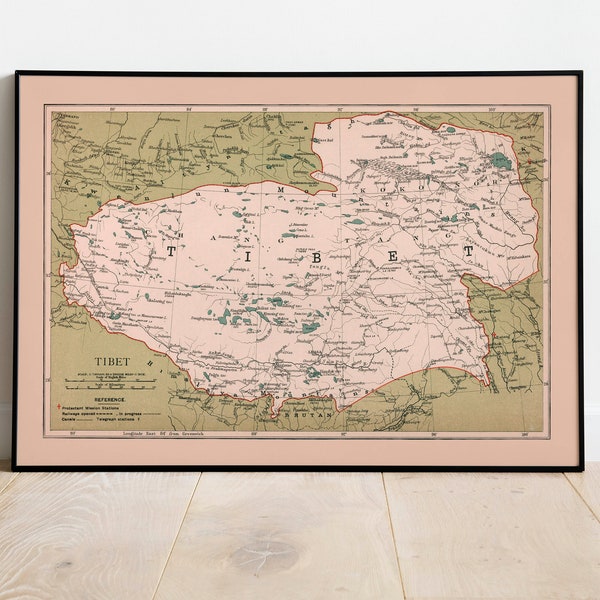 1908 Map Poster of Tibet| Vintage Tibet Map Wall Print| Tibet Canvas Wall Art| Old Map Tibet Wall Decor| Pull Down Map