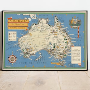 Australien Karte Poster für Wanddeko| Vintage Landkarte Australien | Australien Karte Leinwand Wandkunst| Poster Art
