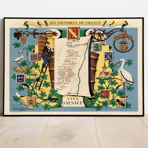 Francia Vinos Mapa Impresión/ Historia del Arte/ 1950 Alsacia Mapa Arte de la pared / Arte enmarcado / Arte de lienzo / Arte del cartel / Impresiones Arte de la pared / Impresiones de la pared del mapa