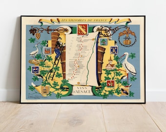 Alsace Wine Map Art Print: Vintage France, 1950s Wall Decor