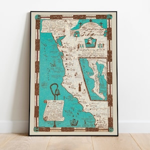 Missionen von Kalifornien Karte Wandbild | Religiöses Wandkunst Poster | Kalifornien Wand Kunst Leinwand | Pull Down Karte| Vintage Poster Art