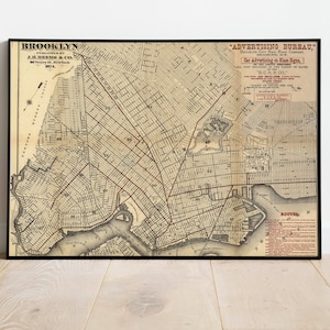 Vintage Brooklyn-kaart| Brooklyn-kaart| Brooklyn| Stadsplattegrond van New York| Oude muurkaart| Kaart van New York| Oude kaarten| Kaarten VS| Brooklyn wanddecoratie