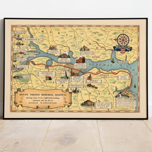 Impression de la carte de l’autoroute commémorative de Mount Vernon| Le mont Vernon de George Washington | impression de carte murale vintage| Art mural en toile| Art mural de l’histoire des États-Unis