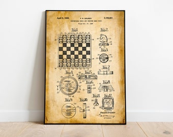 Impresión de patente de ajedrez/ Impresión de arte enmarcada/ Decoración de pared de póster vintage / Lienzo artístico / Póster de pared / Impresiones de arte de pared / Impresiones de pared