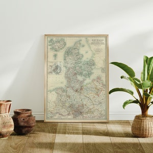 Dänemark Karte Wandbild | 1893 Dänemark Landkarte | Posterdruck | Leinwanddruck Wandkunst | Alte Karte Wand Kunst Poster | Gerahmte Karte Wand Dekor