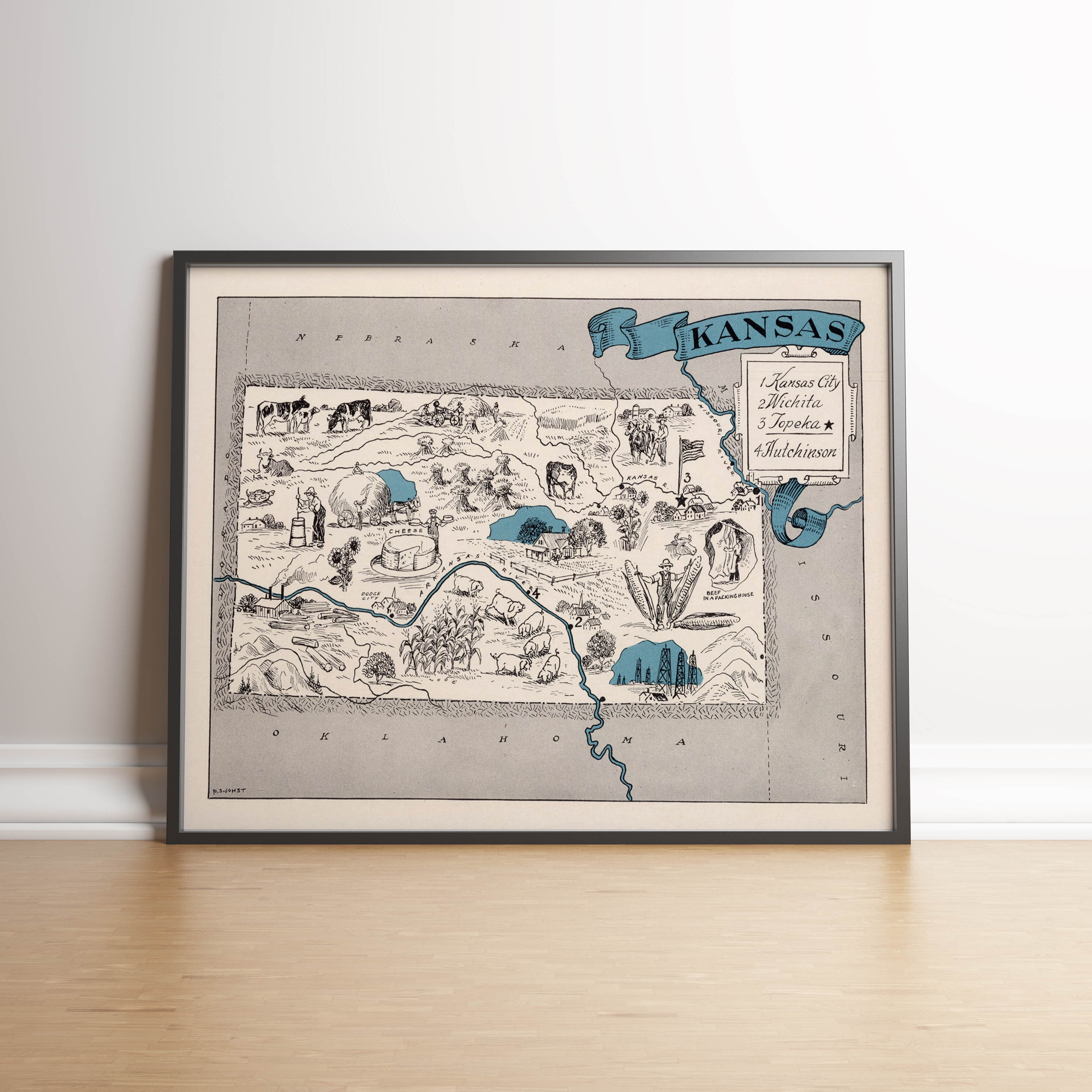 Map of State of Kansas Framed Wall Print Kansas Wall Map Etsy