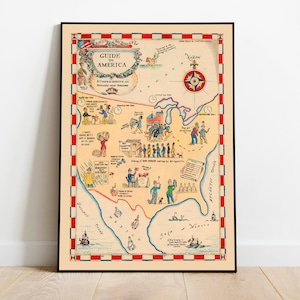 Impressão de mapa vintage dos EUA | Guia ao pôster do mapa de América | Arte de parede em tela | Mapa suspenso | Quarto de arte de parede | Impressão de mapa vintage
