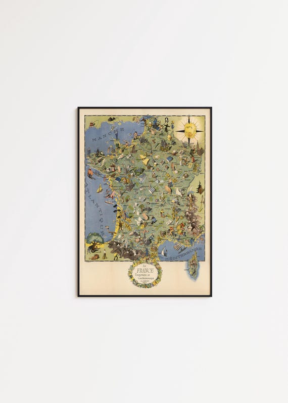 Vintage France Map Print: Gastronomic Touristic Gallery Wrap Canvas