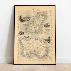 Kanalinseln Karte Print Wandkunst| Englischer Kanal Vintage Karte Wand Drucke| Leinwanddrucke| Alte Karten Poster Wanddeko| Pull Down Map