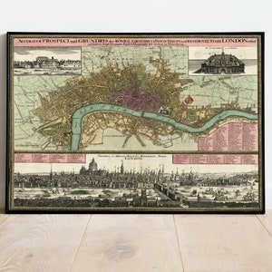 Impresión de pared del mapa de la ciudad de Londres/ Mapa de Londres de 1740 / Impresión de póster / Arte de pared con impresión de lienzo / Póster de arte de pared de mapa antiguo / Decoración de pared de mapa enmarcado