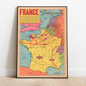 Frankreich World War 2 Map Print | Posterdruck | WW2 Karten| Leinwandbild | Kriegskarten| Kunstgeschichte| Weltkarte des zweiten Weltkriegs | Gerahmte Wandbilder