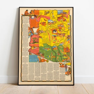 Colorful Pictorial Map of Arizona 1937| Old Map Wall Art Print| Framed Art Print| Vintage Map Wall Canvas| Wall Print| Poster Print