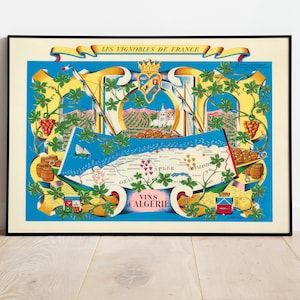 Stampa dei vini dell'Algeria per la decorazione della parete della cucina/Mappa dell'Algeria/Poster della mappa della carta dei vini/Stampa artistica della parete del vino/Poster vintage/Mappa a discesa