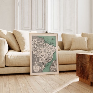 Vintage Landkarte von Brasilien | Drucke Wandkunst| Brasilien Wandkunst| Wandbilder gerahmt| Bild auf Leinwand | Vintage Karte Print