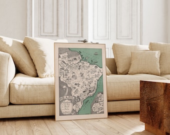 Vintage Map of Brazil| Prints Wall Art| Brazil Wall Art| Wall Prints Framed| Stretched Canvas Art| Vintage Map Print
