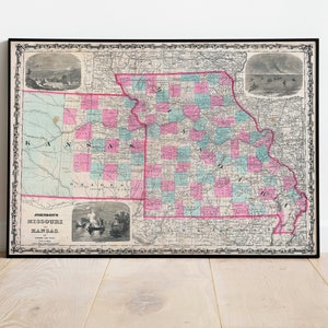 Mappa del 1862 del Kansas e del Missouri/Vecchia mappa del Kansas/Mappa antica del Missouri/Mappa antica per la decorazione/Mappa di riproduzione vintage degli Stati Uniti