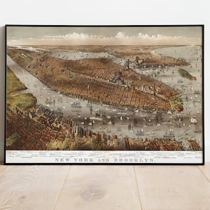 Brooklyn Map Wandbild | New York City Karte| Posterdruck | Kunstdruck auf Leinwand | Alte Karte Wand Kunst Poster | Gerahmte Landkarte als Wanddeko