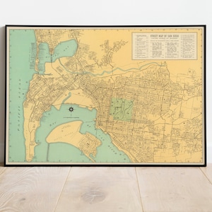Straßenkarte von San Diego| Vintage San Diego Karte Print | San Diego Leinwand Wandkunst | Alte Karte von San Diego, Kalifornien| Poster Vintage