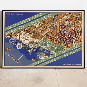 Carte illustrée de Chicago| Art mural de Chicago| Impression d’art mural| Affiche vintage| Toile d’enveloppement de galerie| Carte déroulante