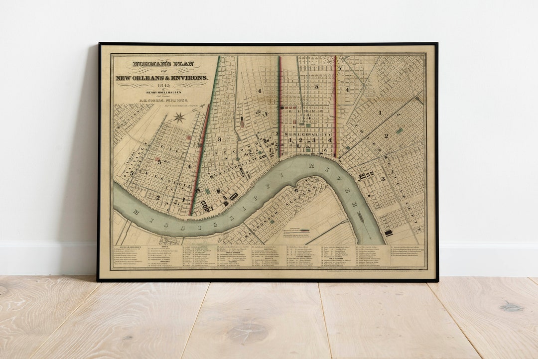 New Orleans City Map Wall Print Framed Map Wall Decor New Orleans Map
