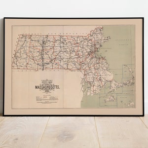 Karte von Massachusetts 1891| Massachusetts Karte Wandbild | Massachusetts Poster Wanddeko| Leinwandbild | Alte Karte Poster Print