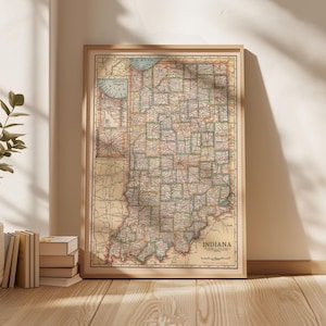 Vecchia mappa dell'Indiana del 1920, stampa artistica su tela, stampa artistica da parete