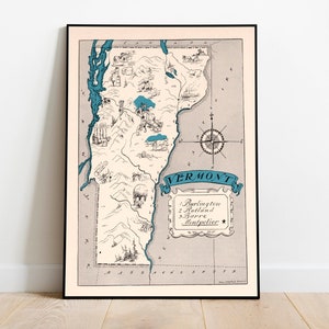 Vintage Vermont Map Print | Vermont Canvas Wall Art | Stare mapy wydrukowane na ścianie | Rozwijana mapa | Plakat z mapą Vermont do dekoracji ściennej