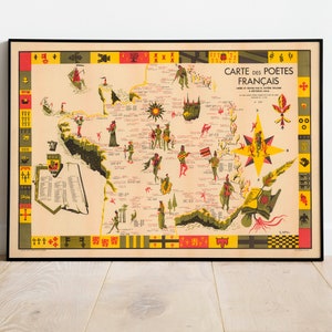 Carte des poètes de France| Histoire de l'art| 1928 Carte de France Art mural| Art mural encadré| Art sur toile| Affiche d’art| Imprime l’art mural| Impressions murales de cartes
